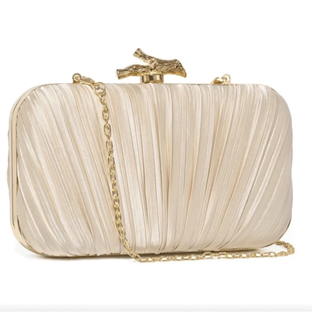 Elegant Cream Satin Pleated Clutch with Gold Accent